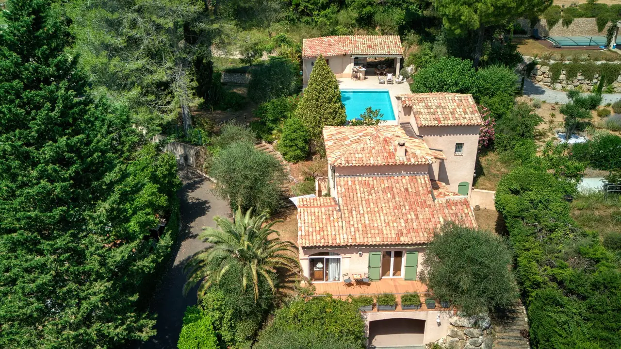 A tile-roofed property among pines and olive trees, from the air